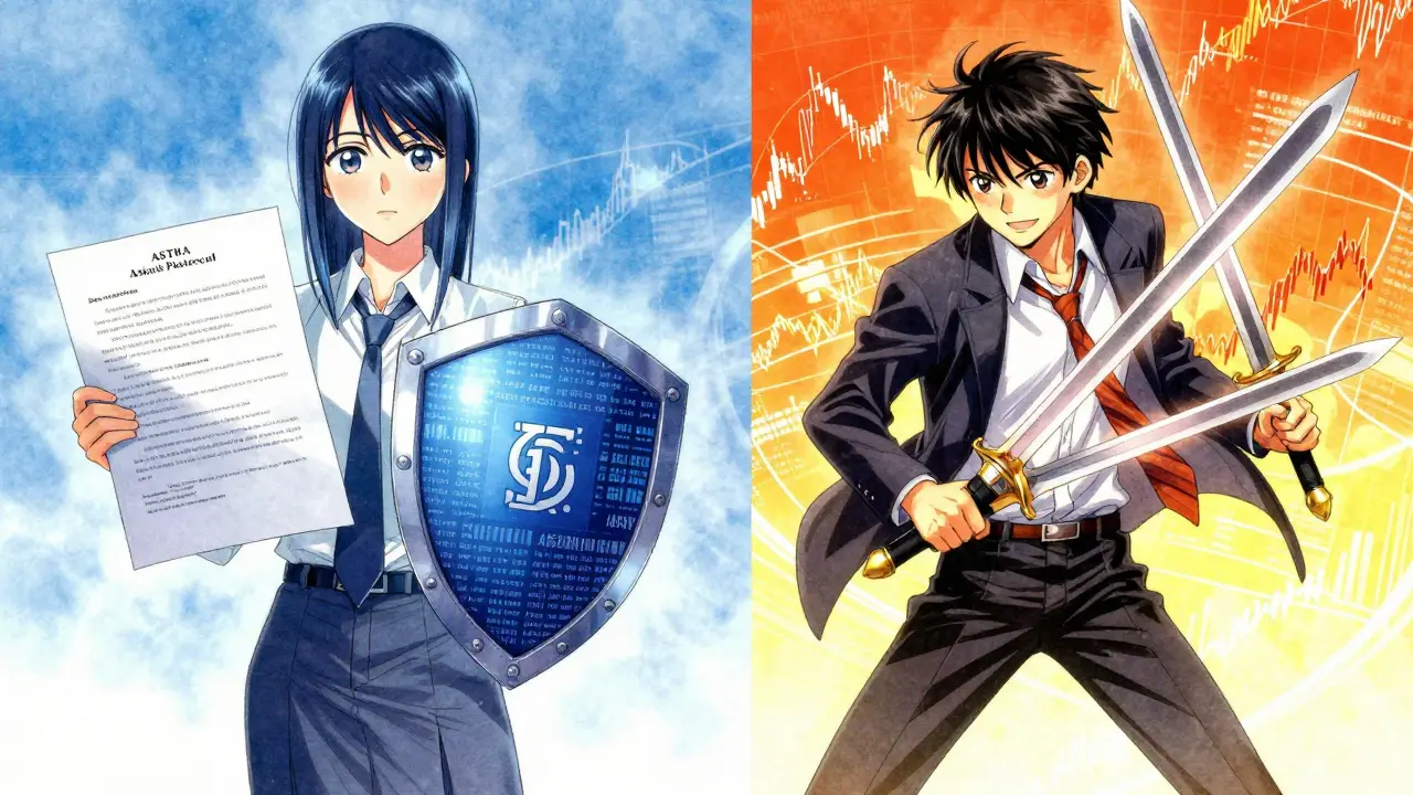 Manga illustration contrasting a calm compliance guardian with an energetic trading warrior.