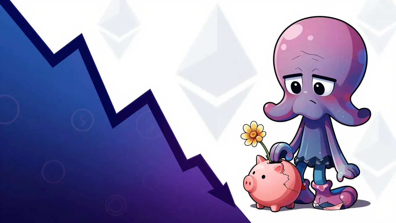 Manga squid looking sad next to a crashing price chart and broken savings