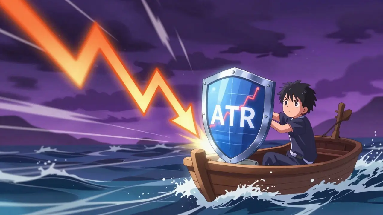 Manga style trader protecting portfolio from volatile market storm