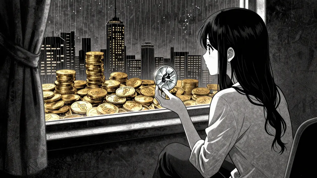Sad anime girl holding cracking glass coin near rainy window