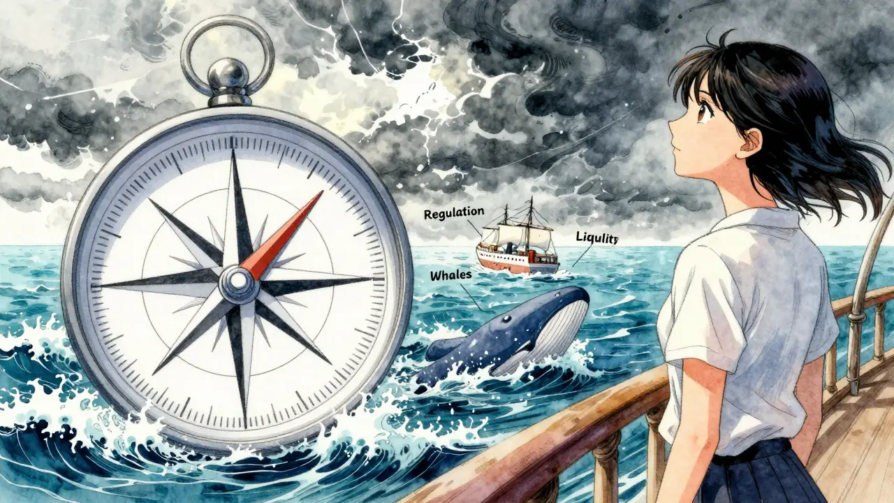 Shoujo art of a compass guiding through a stormy crypto sea