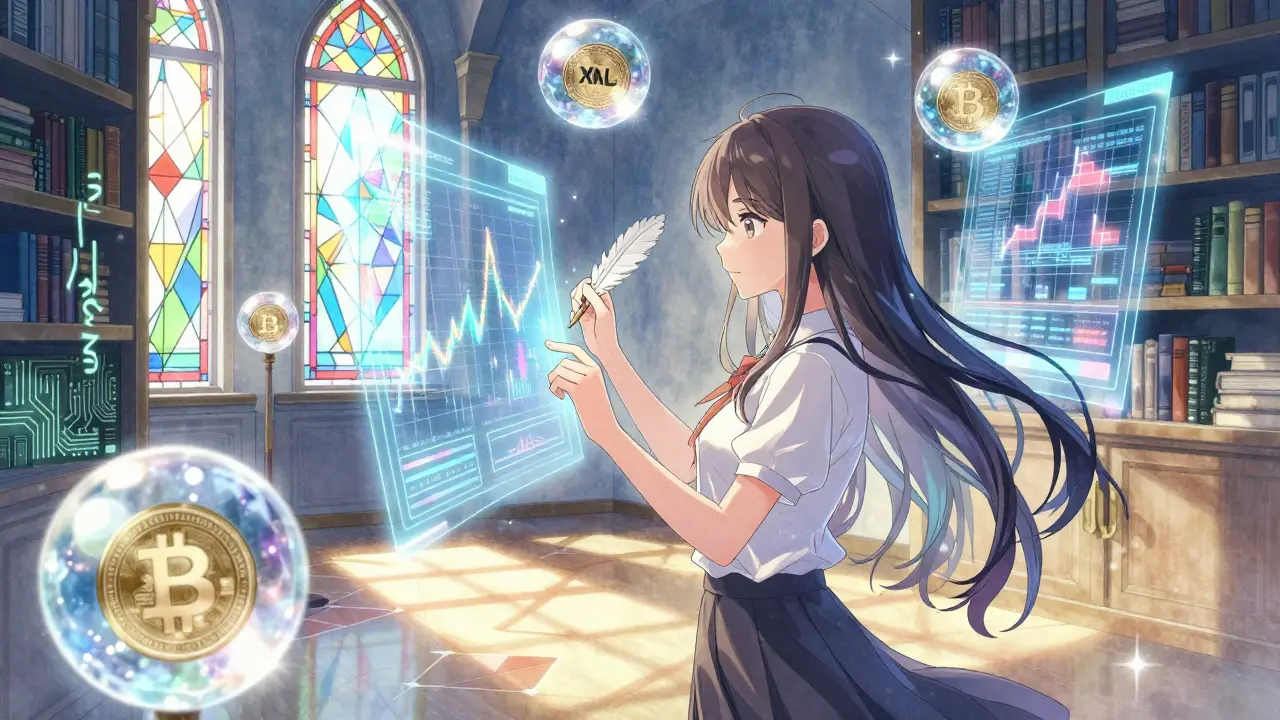 Shoujo artist analyzing crypto tokens in magical library