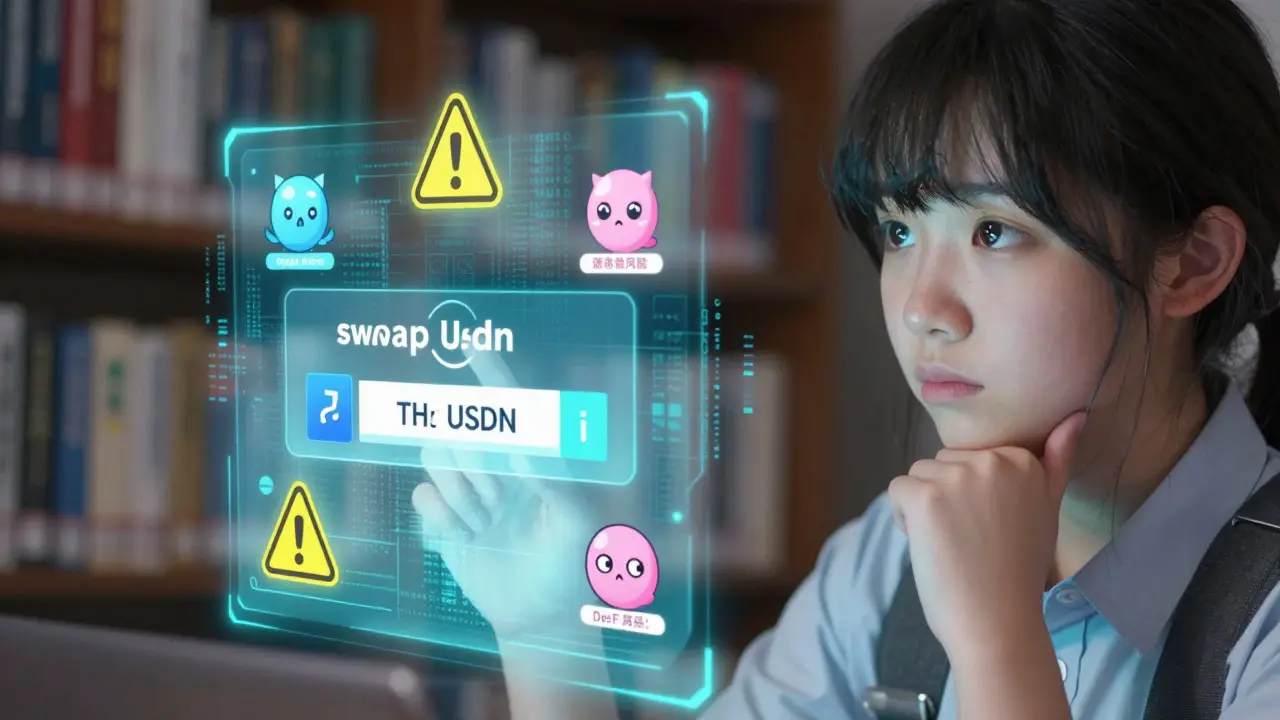 Shoujo character evaluating DeFi risks on screen