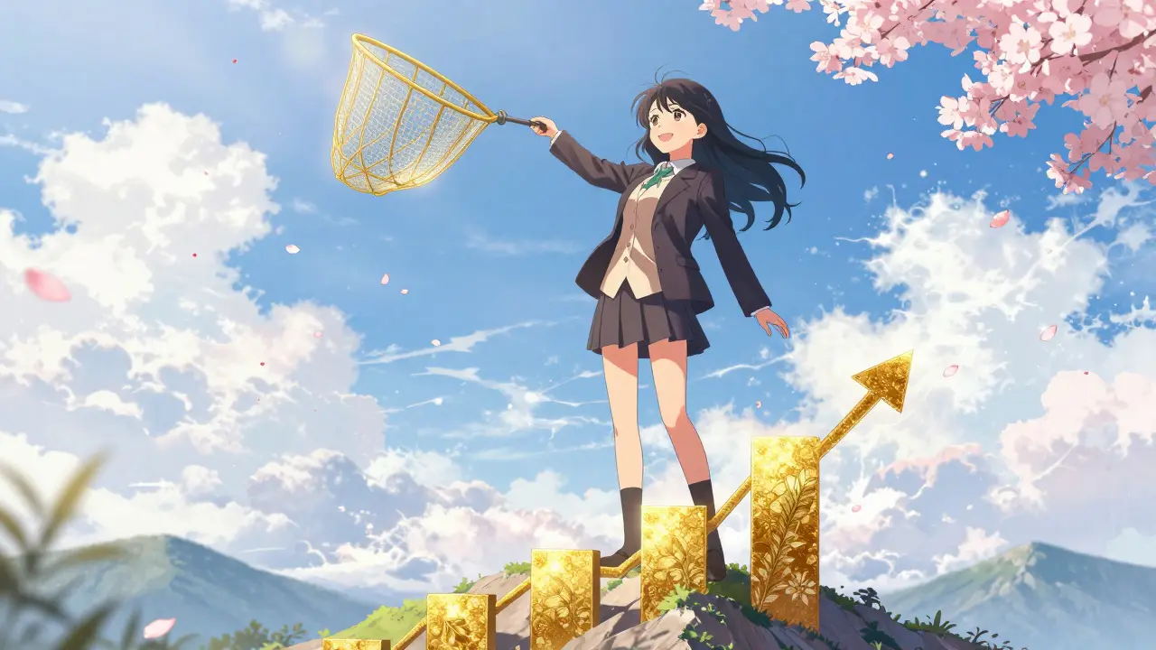 Shoujo character securing profits with a golden trailing stop net