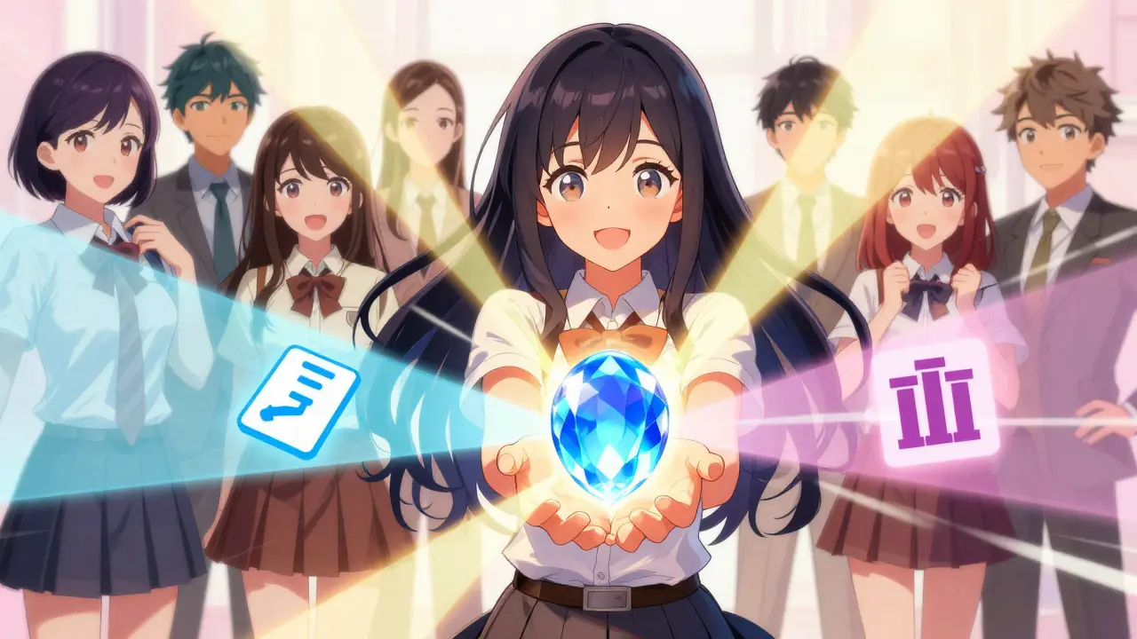 Shoujo heroine holding a glowing gem with three utility beams