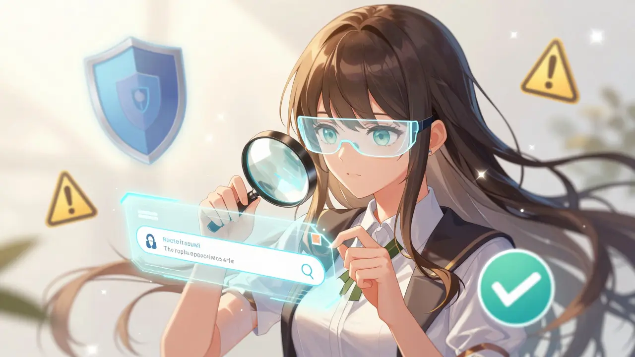 Shoujo style character inspecting a URL for phishing clues with magical verification tools.