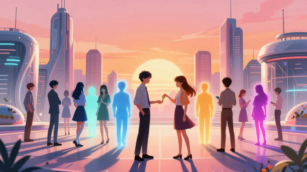 Shoujo style futuristic city showing transparent web3 identities