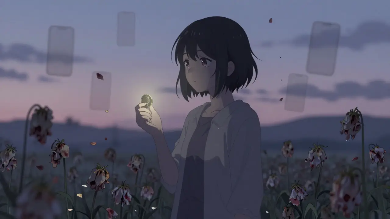 Solitary figure holding dim coin amidst fading flowers in twilight