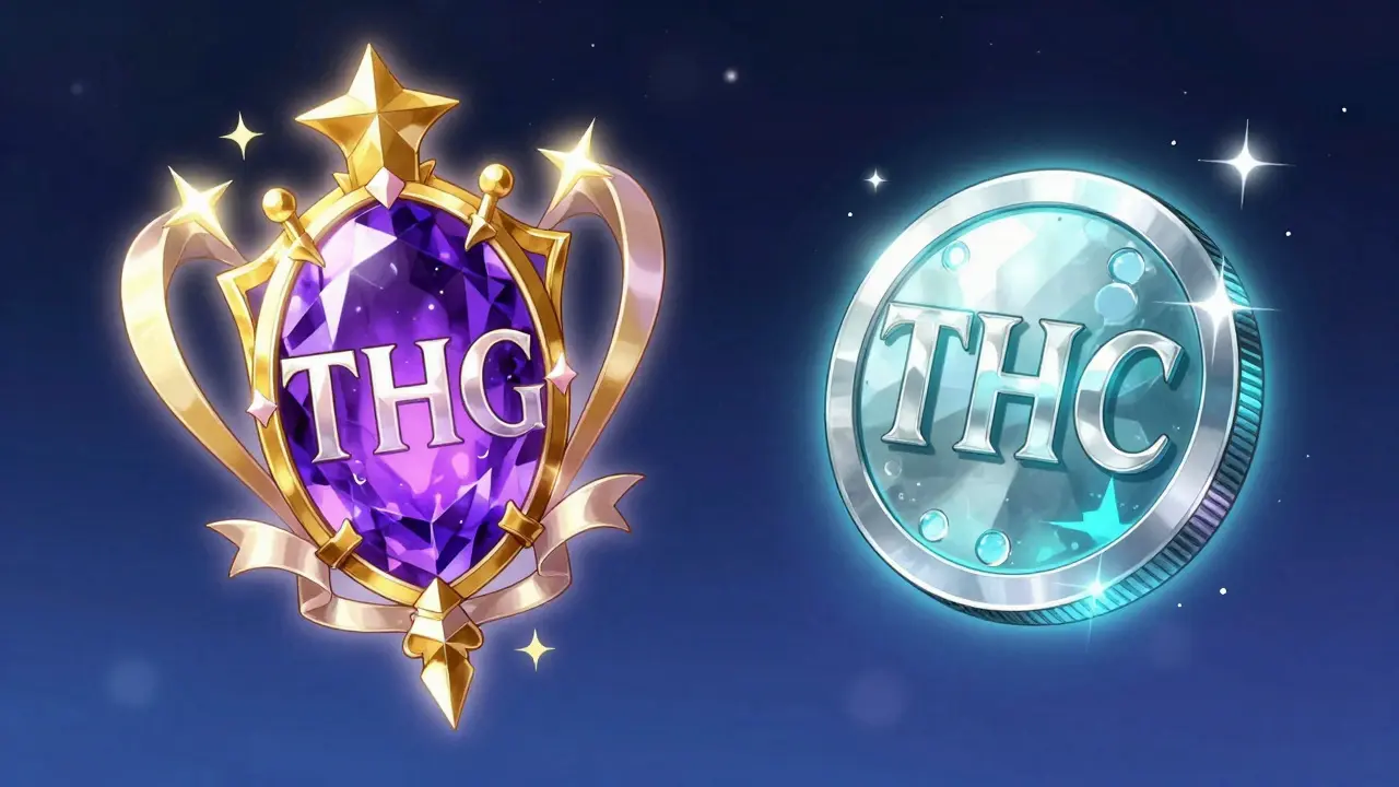Two glowing gems representing THG and THC tokens