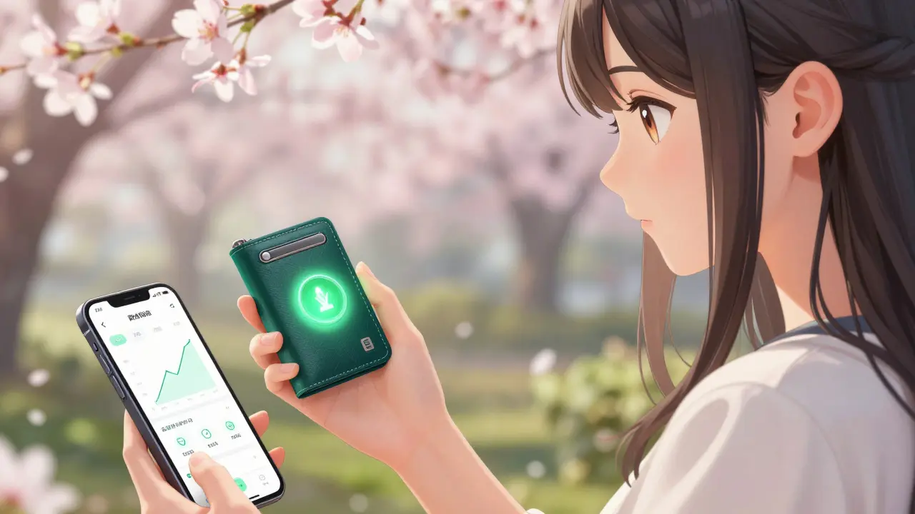 Woman holding wallet and phone in cherry blossom garden
