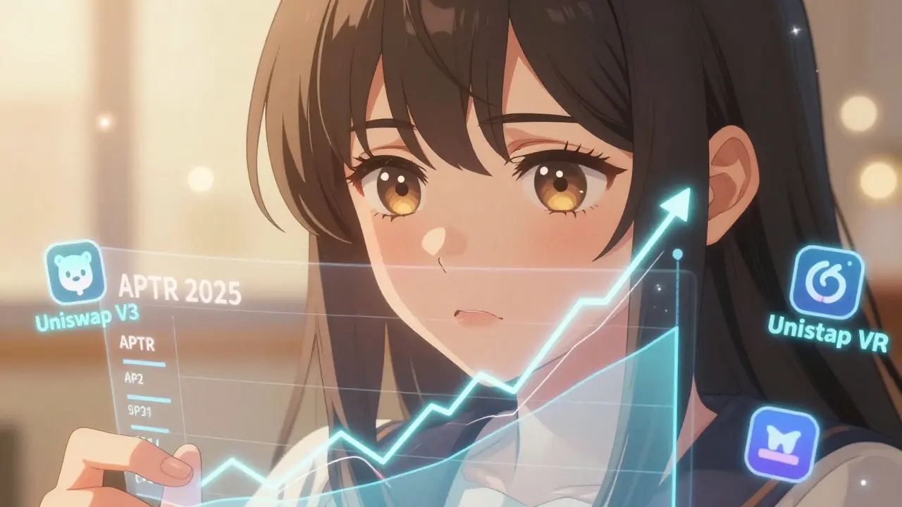 A dramatic close-up in shoujo manga style of a female character looking at a holographic projection of future price trends for the APTR token. The graphs are depicted as elegant, flowing ribbons rising upwards. Cute mascot characters representing various DeFi protocols surround her. The lighting is warm and cinematic, highlighting her determined expression and the intricate details of her animated eyes, symbolizing the potential growth and opportunity within the crypto market.
