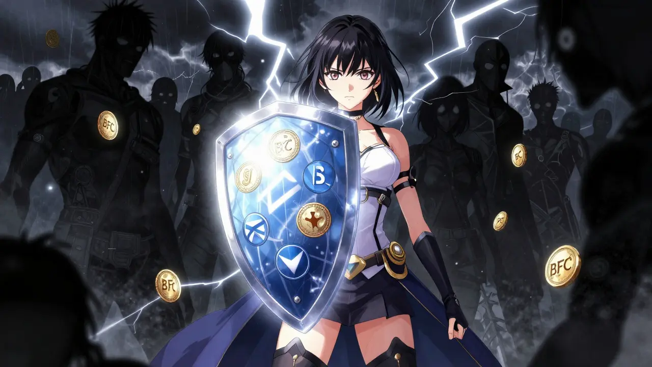 A dramatic shoujo manga cover featuring a heroine protecting herself from scam shadows using verified exchange shields, illustrating the importance of distinguishing real BNC opportunities from fake BFC scams.