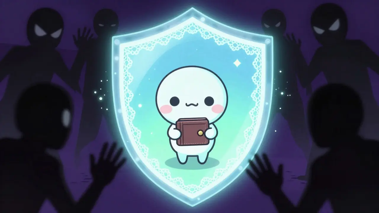 A glowing protective shield guarding a mascot from shadowy scam figures in shoujo art style.