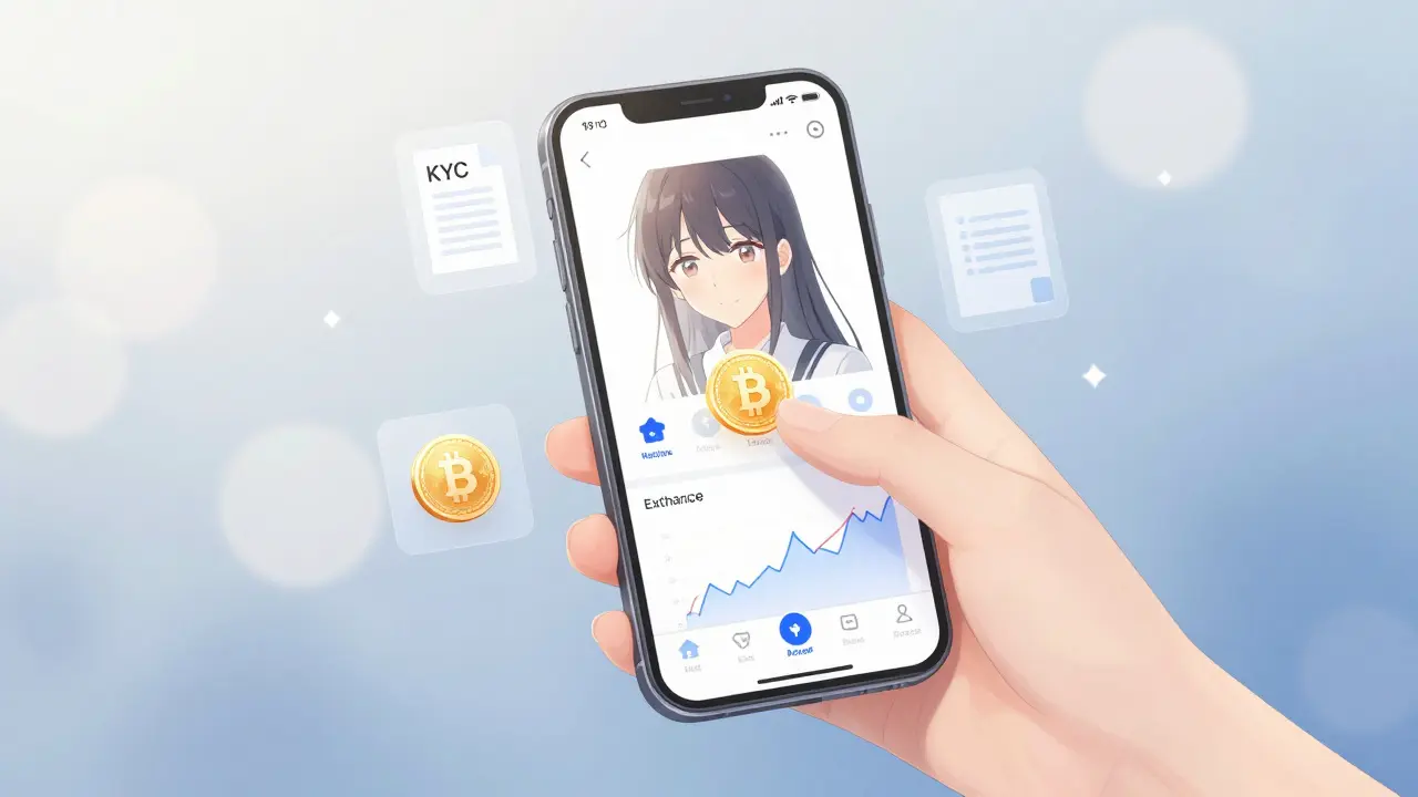 A serene shoujo manga scene showing a smartphone with crypto trading apps, surrounded by floating icons for KYC and liquidity, representing how to prepare for future airdrops safely.