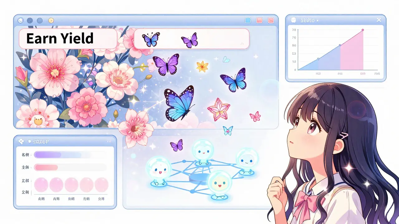 An anime-inspired panel showing the concept of 'Intents' architecture visualized as magic. Complex financial transactions are represented by blooming flowers and flying butterflies emerging from a user's command. Small, cute spirit-like figures (solvers) assist in the process. The art style is distinctly shoujo, with heavy use of sparkles, soft gradients, and emotive character designs, turning technical blockchain interactions into a whimsical, accessible experience.
