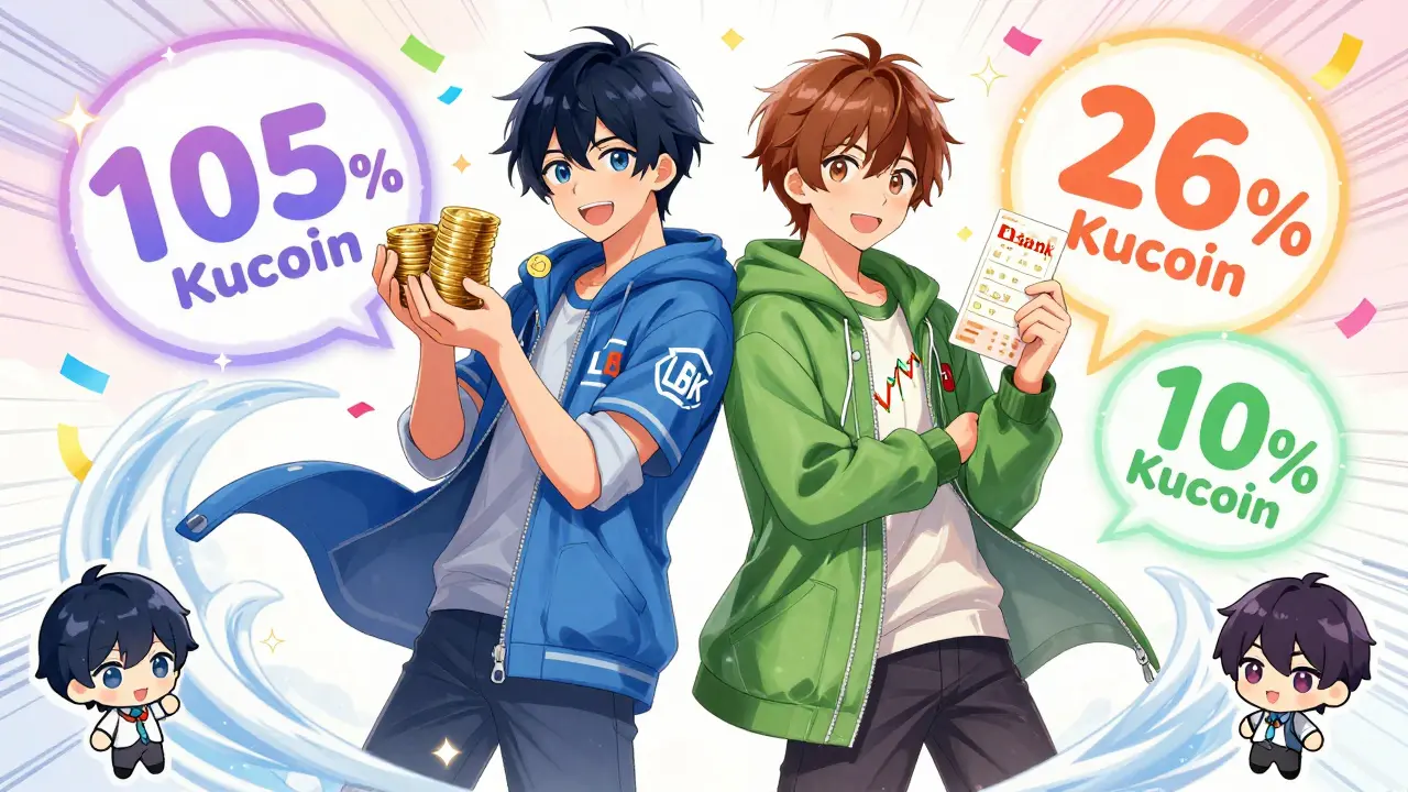 An anime-style depiction of LBank and KuCoin as cute characters offering BNC rewards, surrounded by celebratory sparkles and confetti, highlighting the major airdrop campaigns.