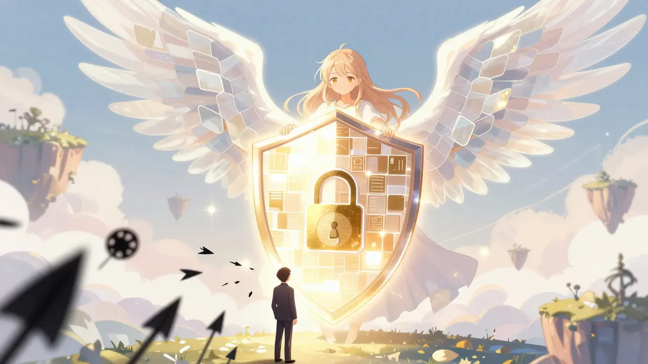Angel with block shield protecting merchant from fraud