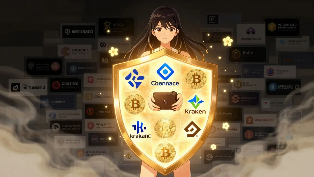 Anime character protected by a shield of legitimate crypto exchange logos
