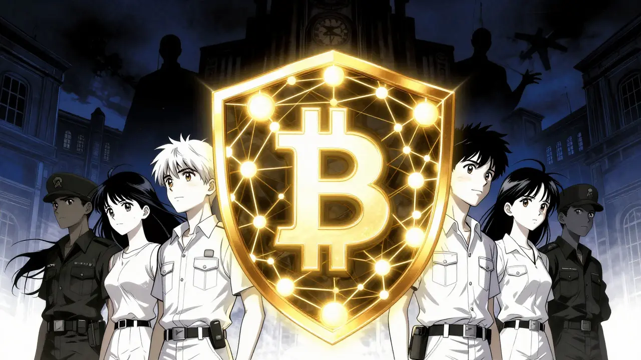 Anime characters protected by glowing crypto shield from dark forces