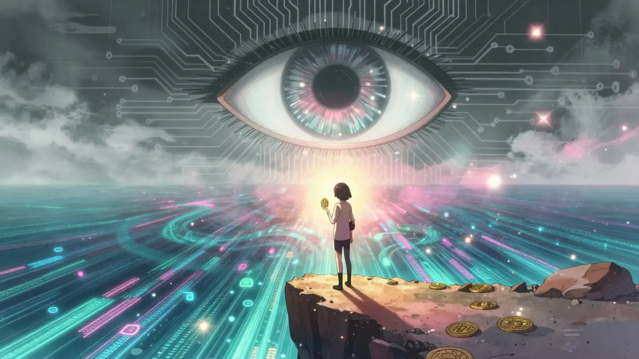 Anime figure protecting crypto coin from quantum surveillance