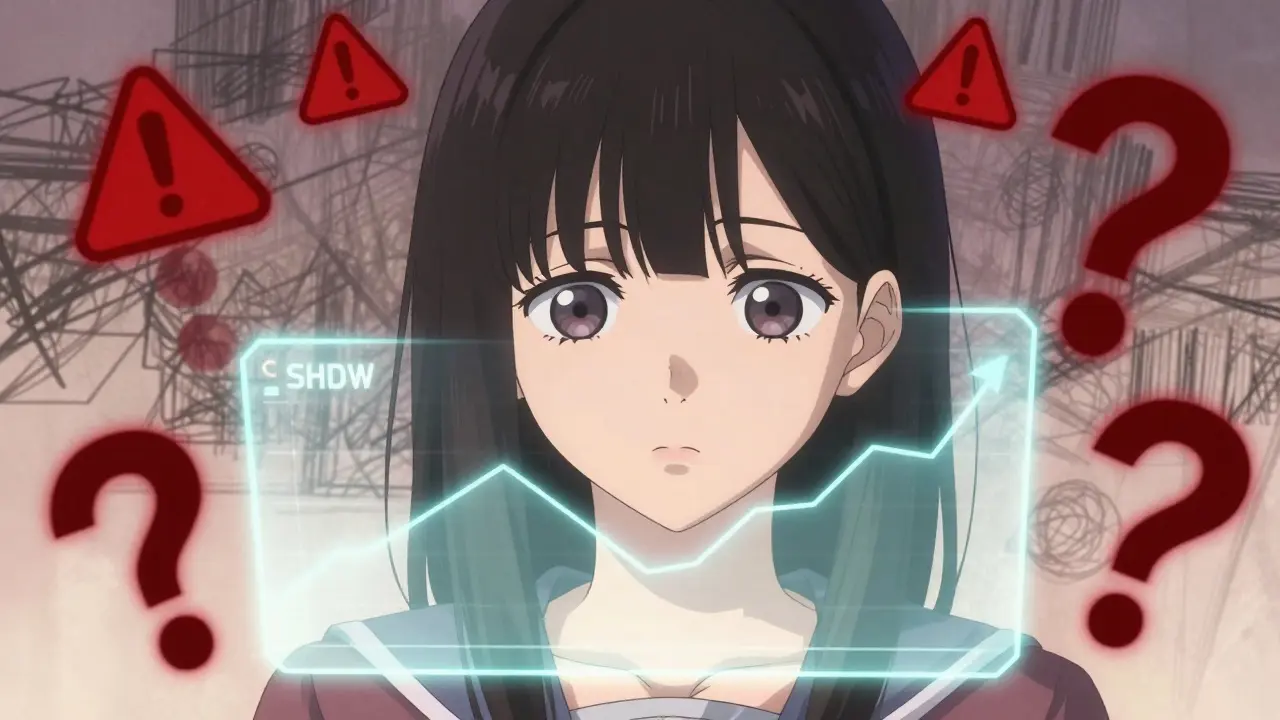 Anime girl analyzing skeptical chart with red warning signs
