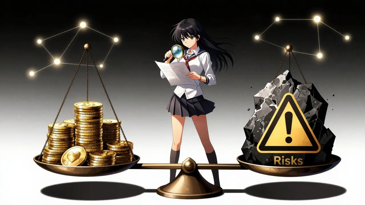 Anime protagonist weighing rewards against risks with a magnifying glass