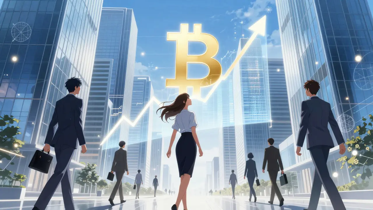 Anime style US financial district with Bitcoin ETF projections