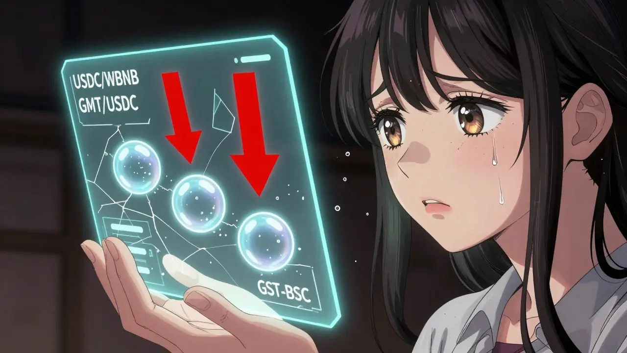 Anxious anime character watching fragile trading bubbles shrink due to low liquidity