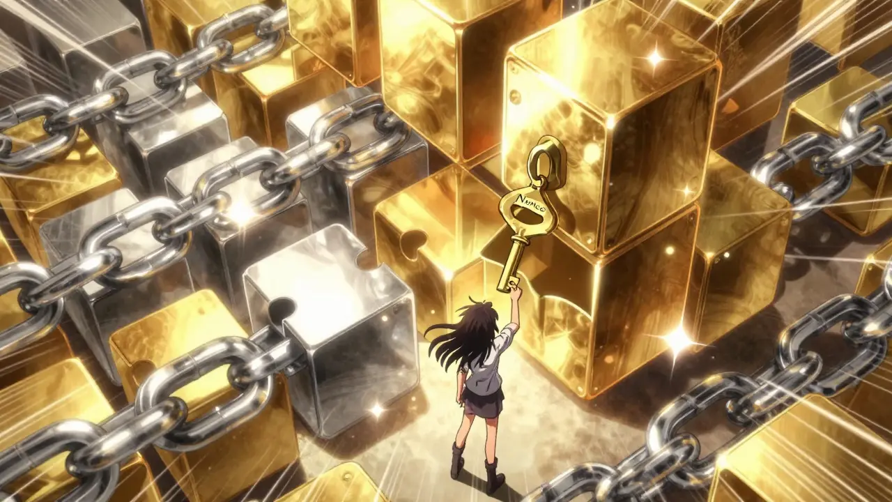 Character inserting a nonce key into a golden blockchain tower