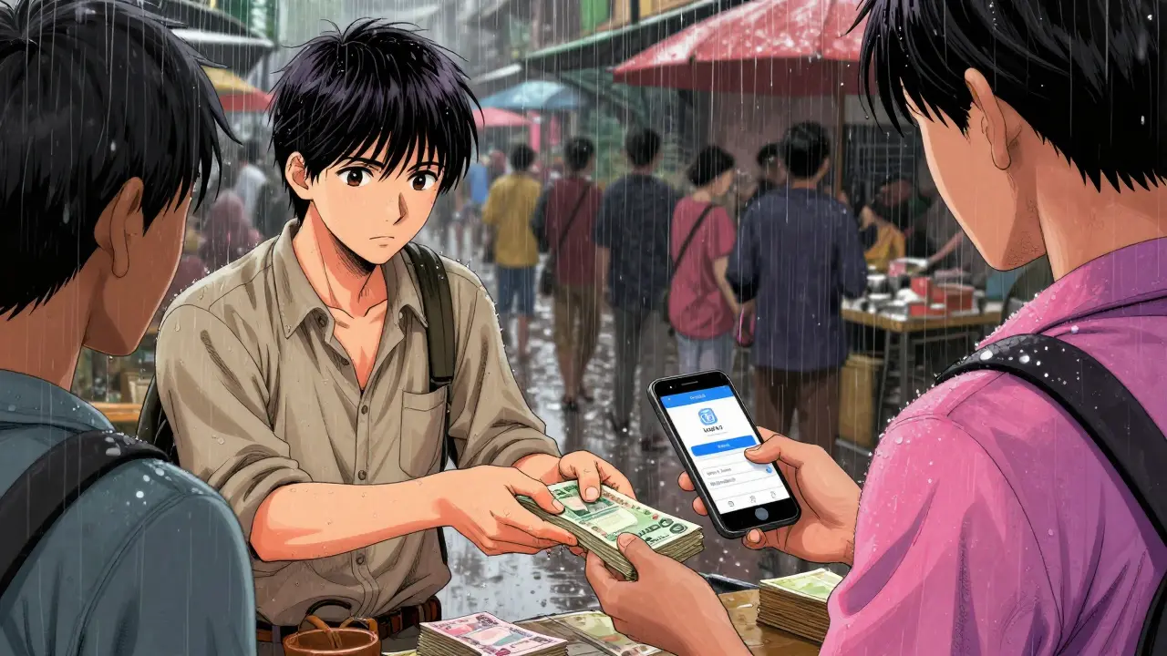 Clandestine cash exchange for crypto in a rainy Myanmar street market