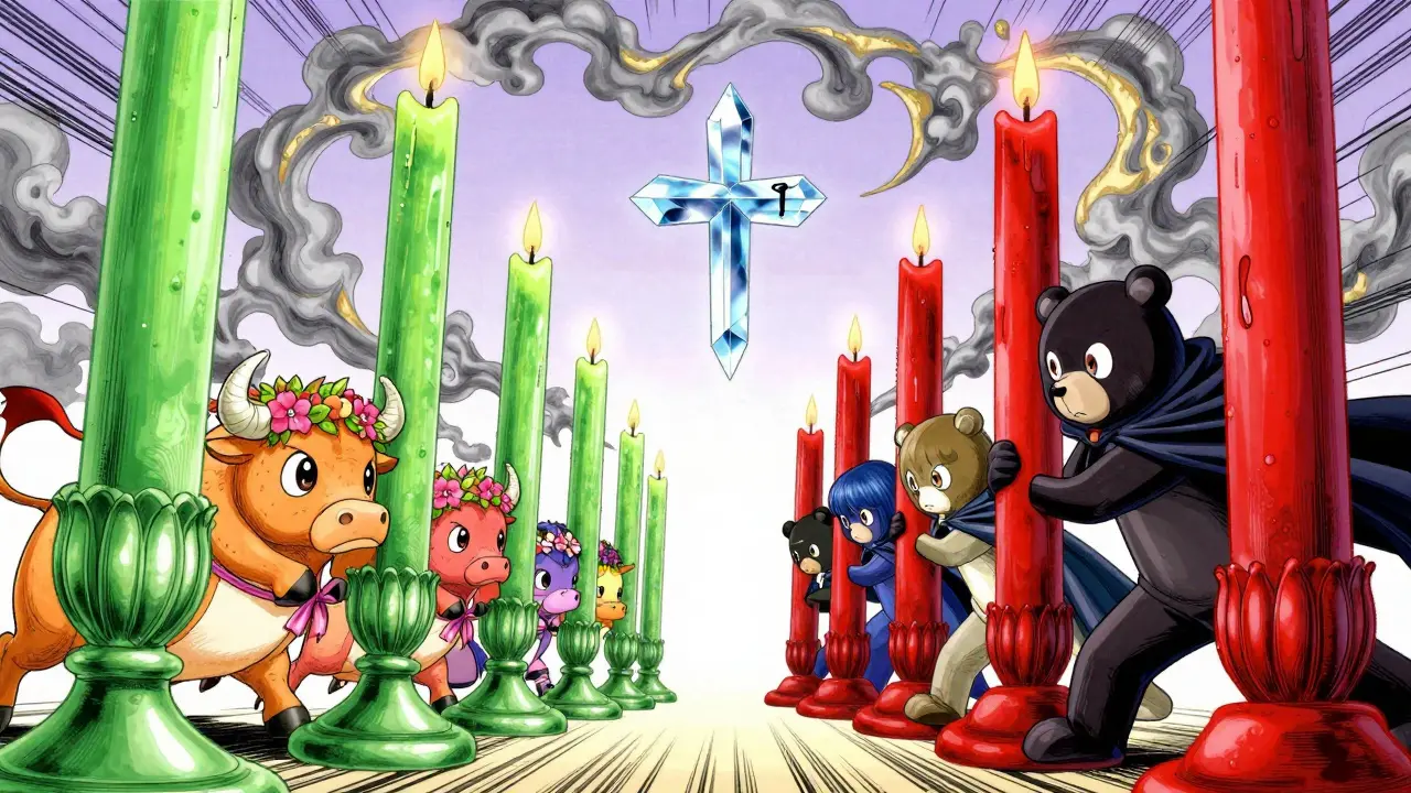 Cute bull and bear characters battling over giant green and red candles