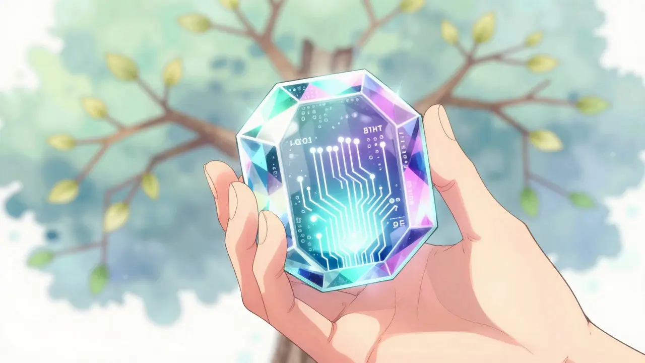 Elegant hands holding a gemstone blockchain block with Merkle tree background