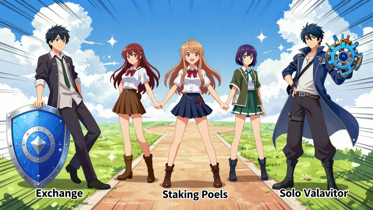 Five anime characters representing different crypto staking methods on a path