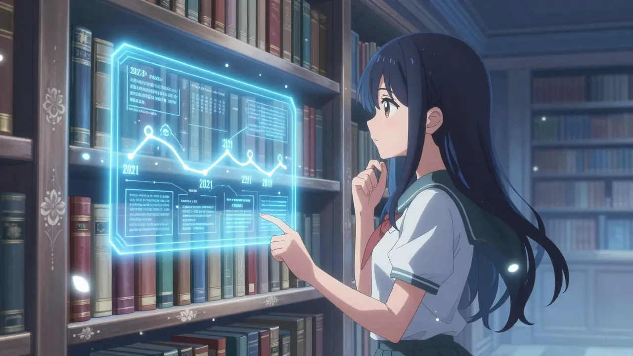 Girl studying glowing historical records in magical library