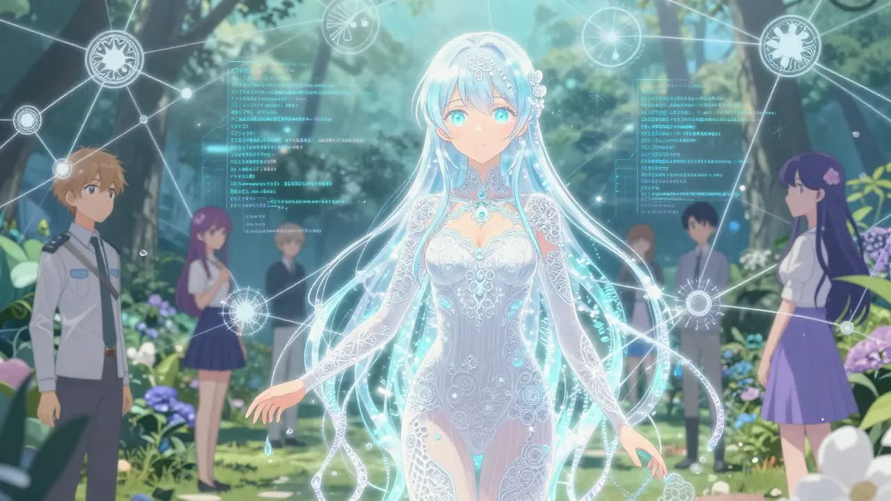 Graceful AI spirit made of light and data guiding users in a serene, tech-infused garden.