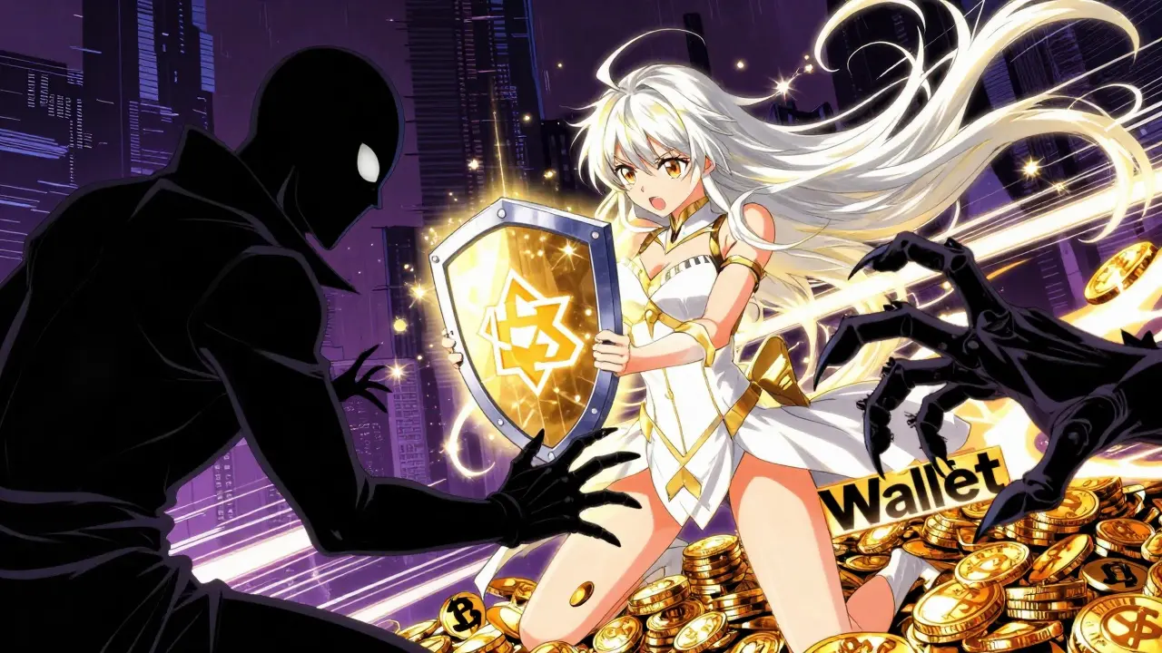 Heroic girl defending wallet coins from shadowy scammer villain