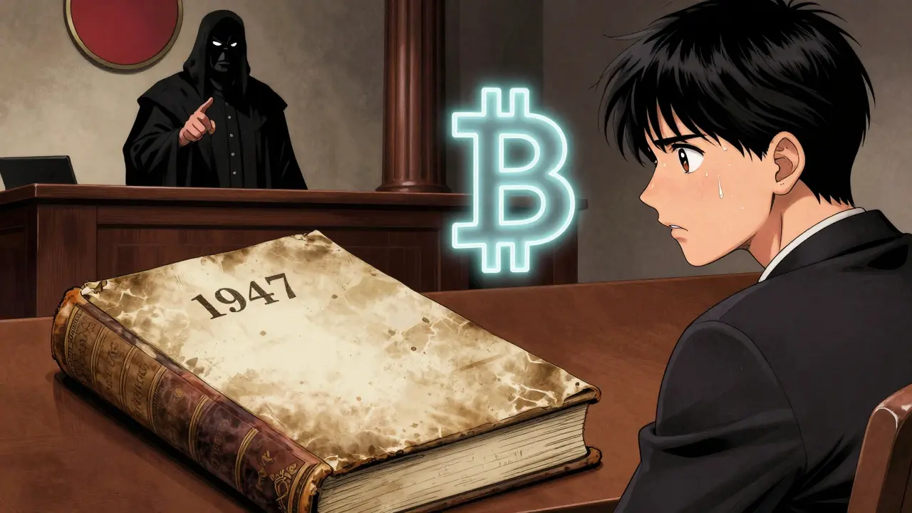 Legal drama scene with old law book and shadowy bank figure blocking digital coin