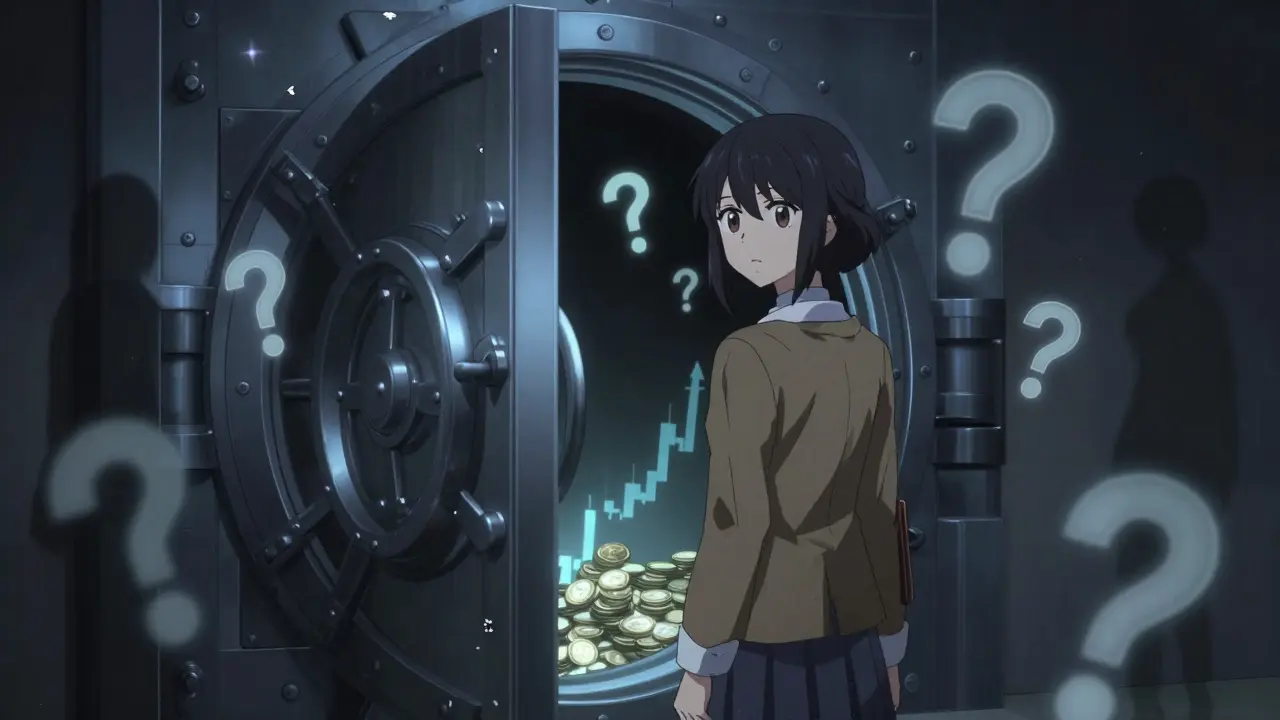 Manga character looking skeptically at a dark, mysterious vault door with floating question marks.