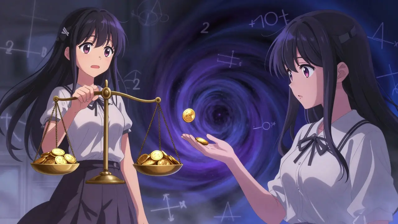 Manga character looking worried as coins slip from a tipping balance scale