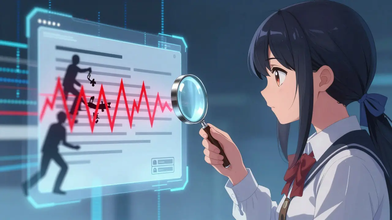 Manga character verifying blockchain contract details carefully