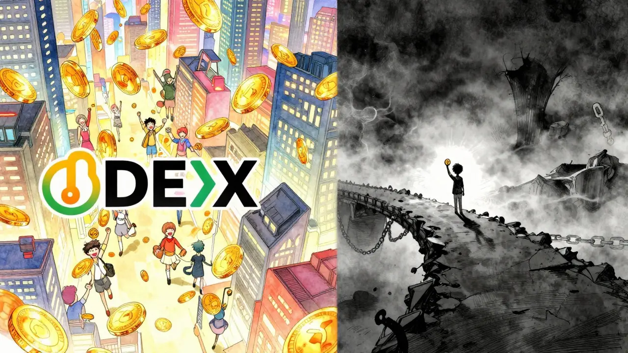 Manga contrast between vibrant crypto cities and desolate bridge