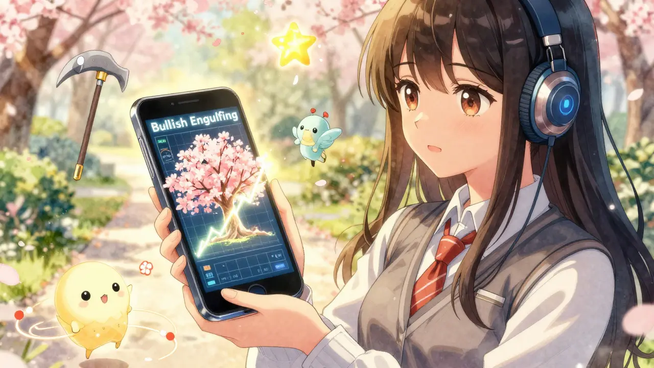 Manga girl holding a phone showing a bullish pattern turning into flowers
