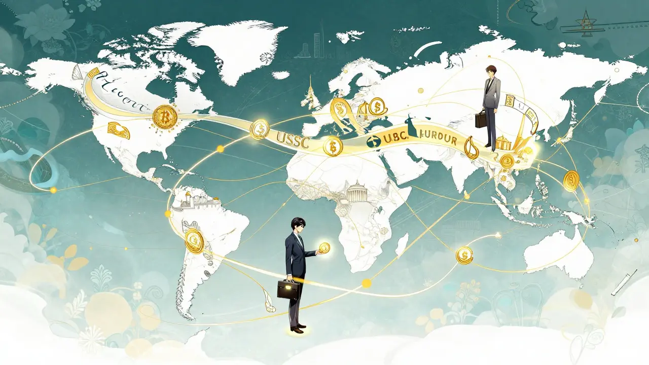 Manga illustration of complex global crypto laundering network