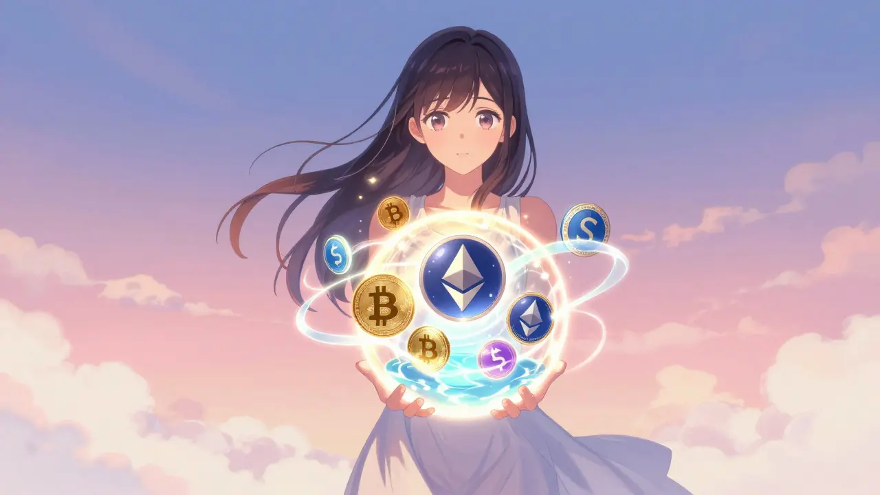 Manga illustration of unified crypto assets merging in light