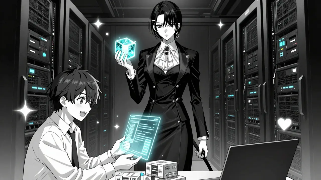 Manga miner hiding a block while merchant delivers goods