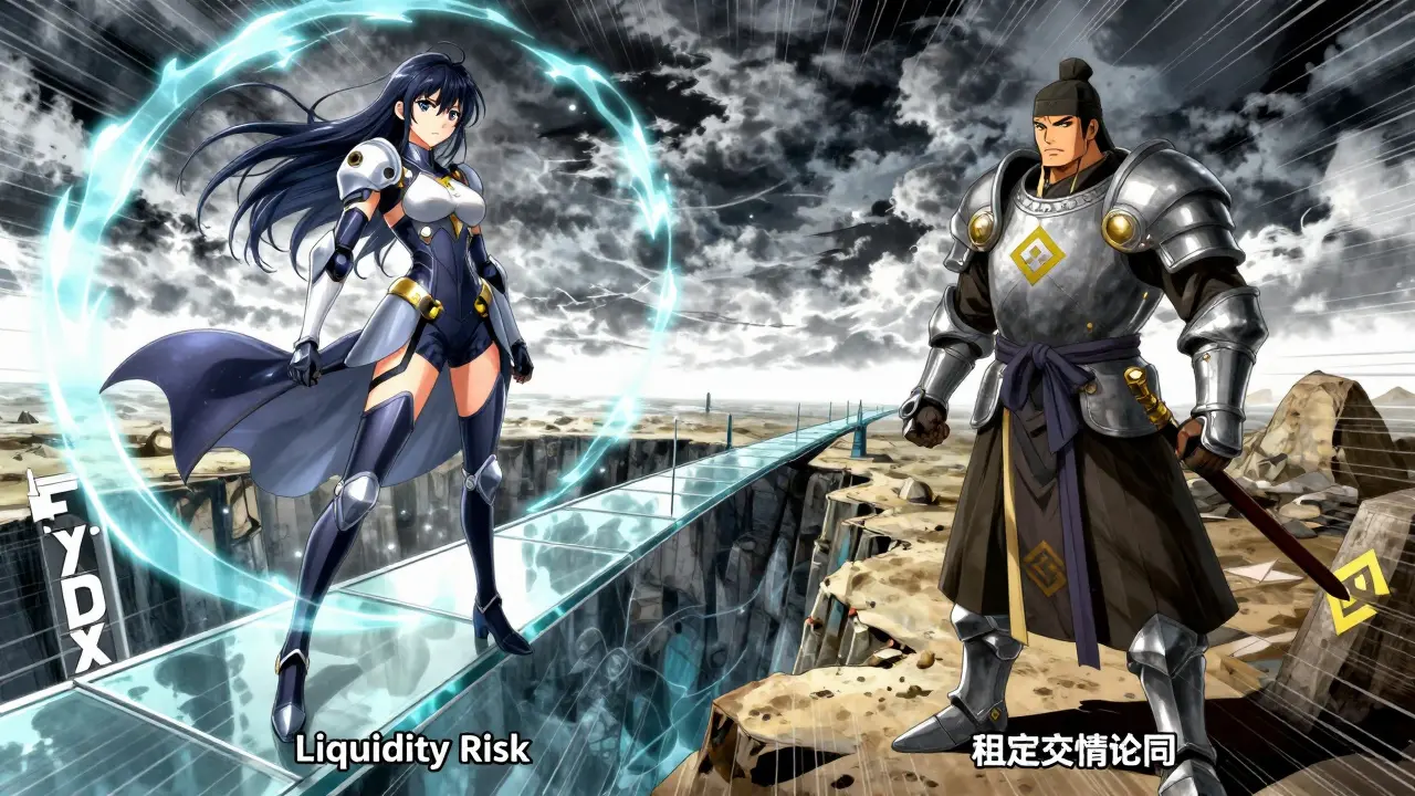 Manga scene contrasting a risky new platform with a stable traditional exchange