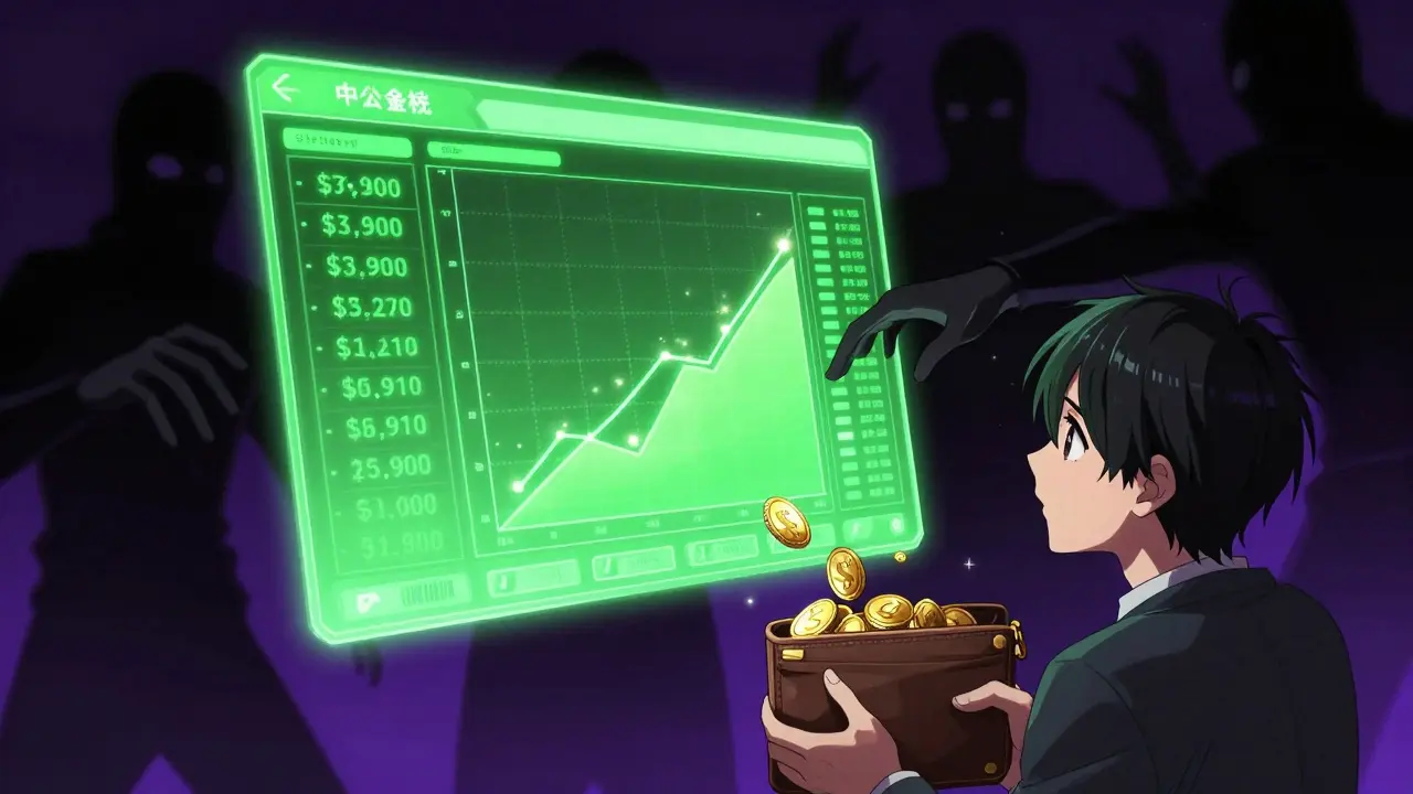 Manga scene showing scammers stealing funds behind a fake trading screen