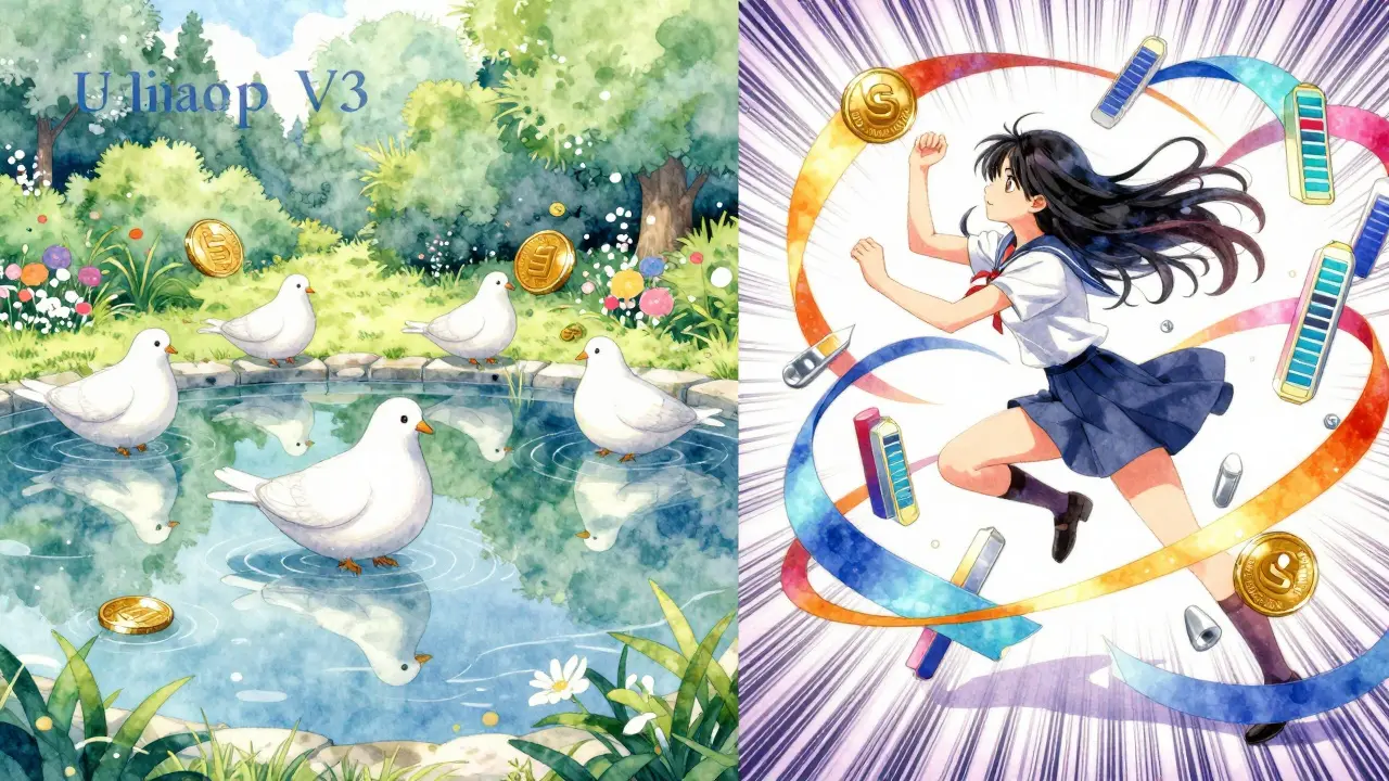 Manga split view: peaceful stablecoin garden vs active trading ribbons