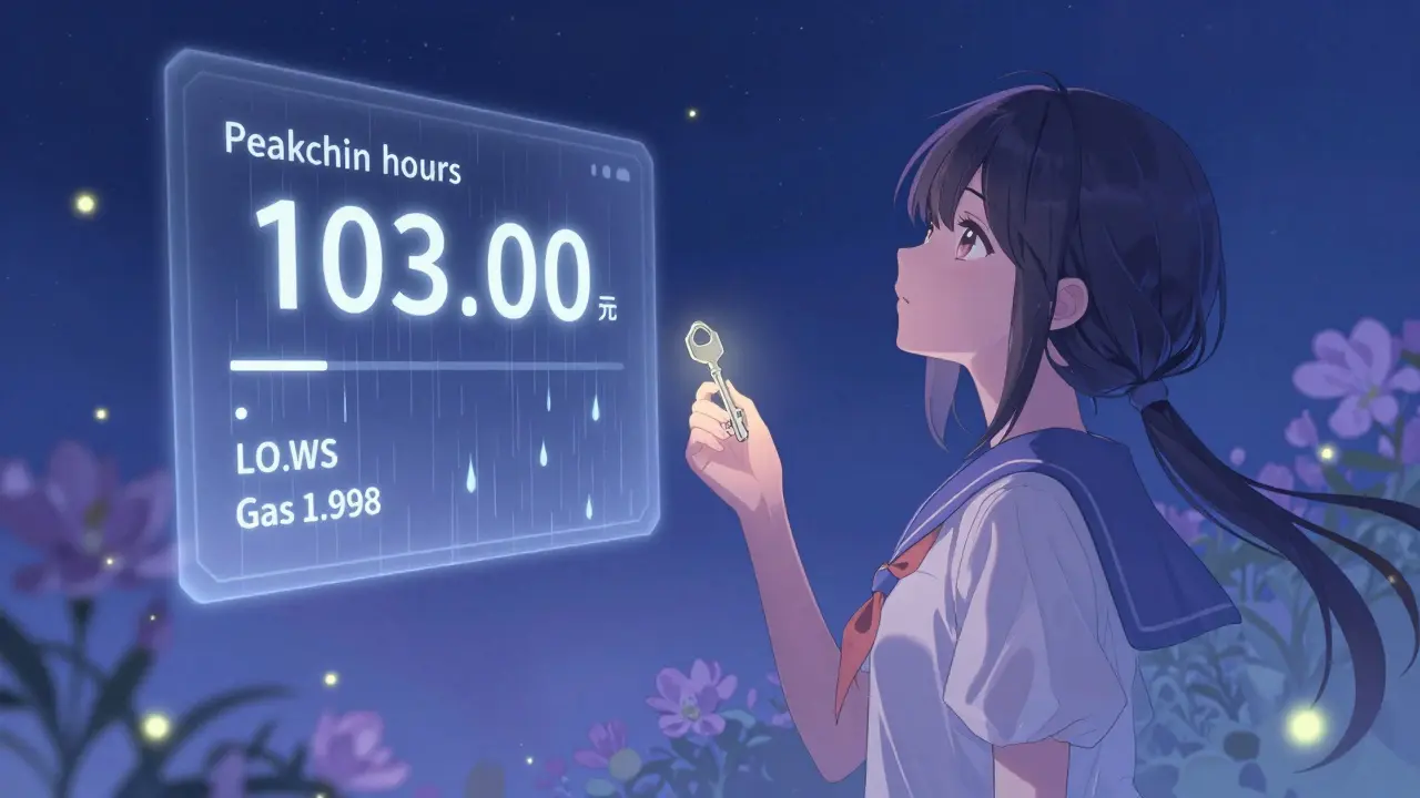 Peaceful anime scene showing low fees during night hours