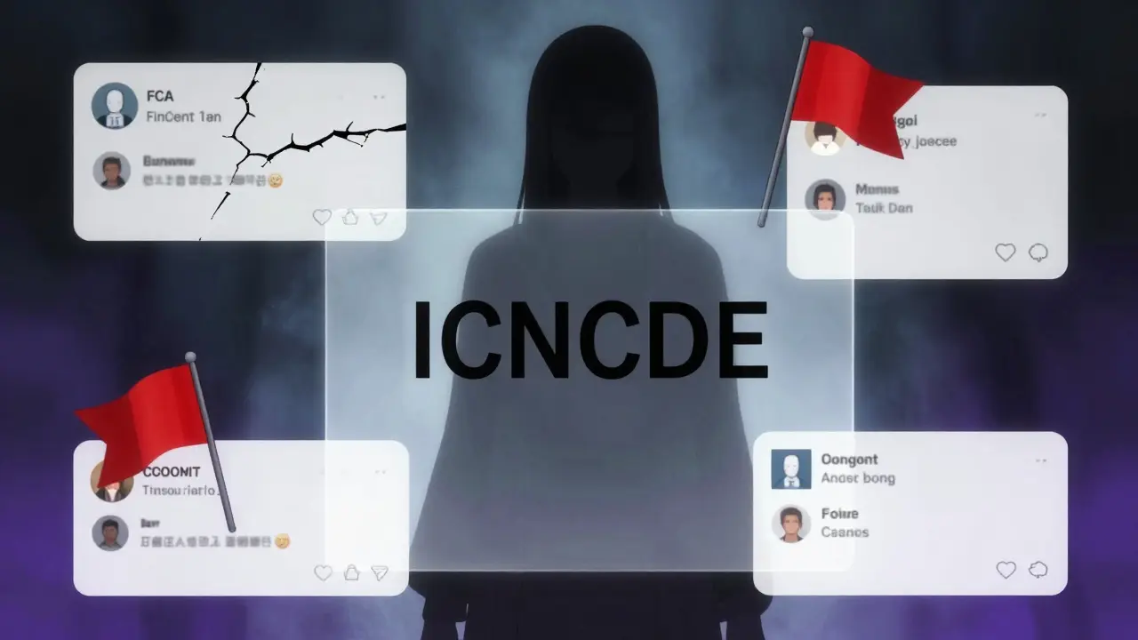 Shadowy figure behind fake exchange screen with red flags in anime art